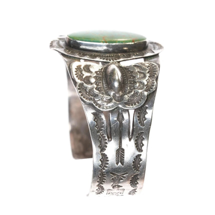 6.25" 40's-50's Navajo Curio Fred Harvey sterling cuff bracelet Green turquoise - Estate Fresh Austin