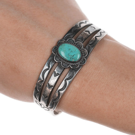 6.25" 40's-50's Navajo hand stamped silver and turquoise cuff bracelet - Estate Fresh Austin