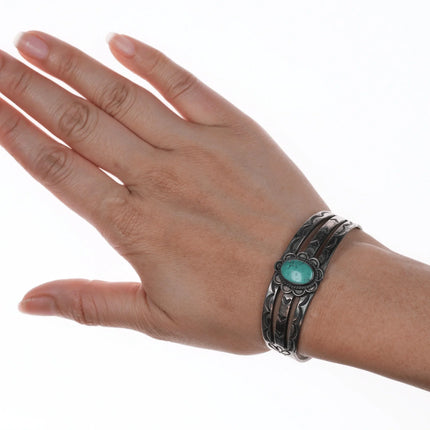 6.25" 40's-50's Navajo hand stamped silver and turquoise cuff bracelet - Estate Fresh Austin