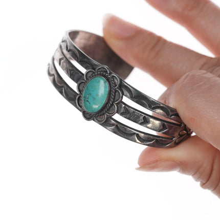 6.25" 40's-50's Navajo hand stamped silver and turquoise cuff bracelet - Estate Fresh Austin
