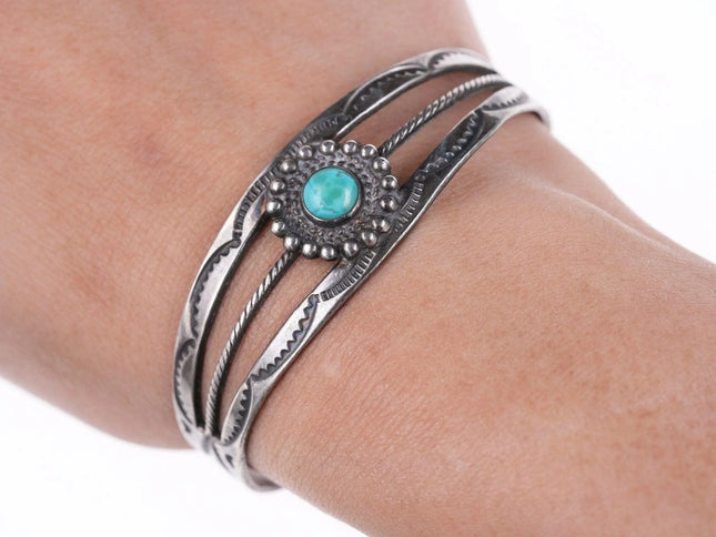 6.25" 40's-50's Navajo stamped silver and turquoise bracelet - Estate Fresh Austin