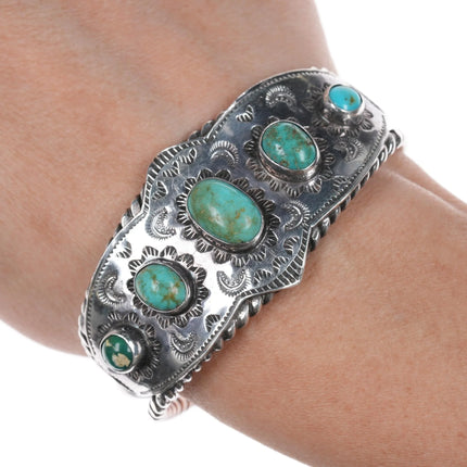 6.25" 40's-50's Navajo stamped silver cuff bracelet with turquoise twisted wire - Estate Fresh Austin