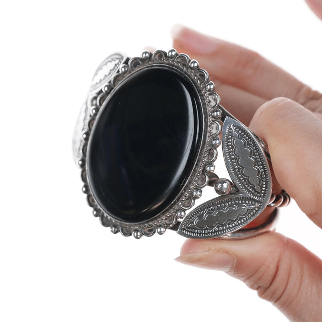 6.25" 40's-50's Navajo Twisted and stamped silver cuff bracelet with onyx - Estate Fresh Austin