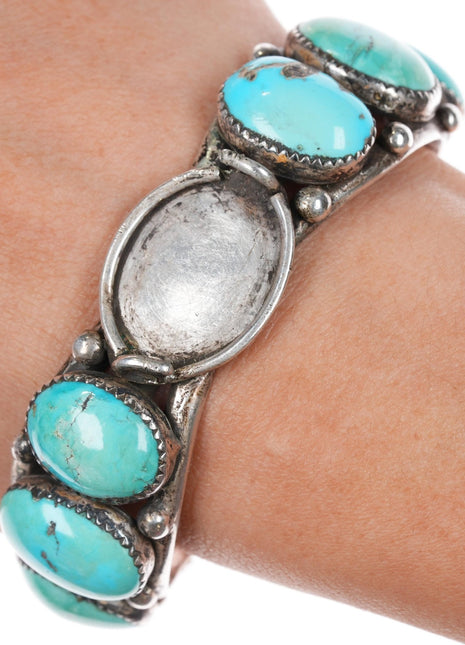 6.25" 50's - 60's Native American silver turquoise row watch cuff bracelet - Estate Fresh Austin