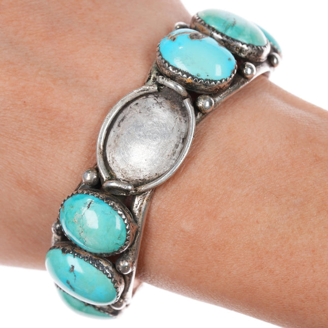 6.25" 50's - 60's Native American silver turquoise row watch cuff bracelet - Estate Fresh Austin