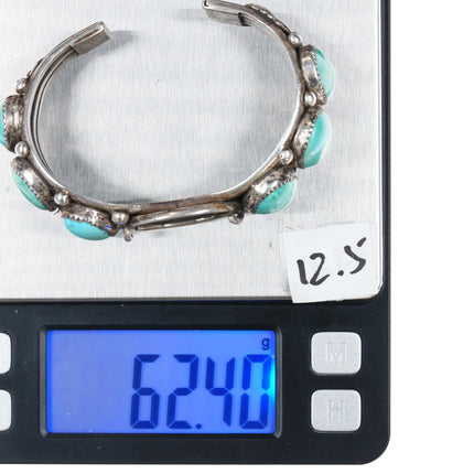 6.25" 50's - 60's Native American silver turquoise row watch cuff bracelet - Estate Fresh Austin