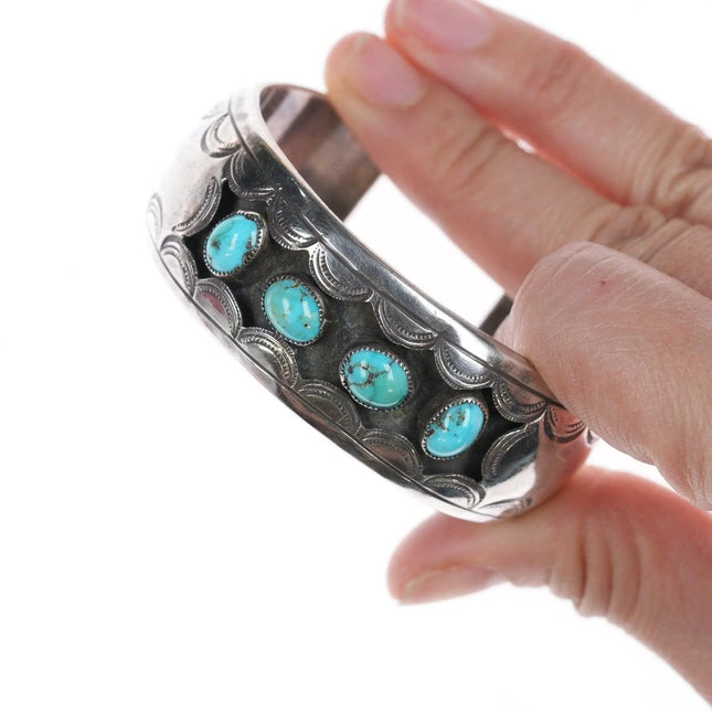 6.25" 50's-60's Navajo silver Shadowbox cuff bracelet with turquoise - Estate Fresh Austin