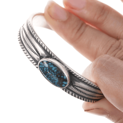 6.25" Alex Horst High Grade Spiderweb turquoise heavy stamped sterling bracelet c - Estate Fresh Austin