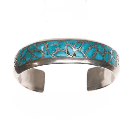 6.25" Alice Leekya Homer Zuni silver turquoise fishscale inlay cuff bracelet - Estate Fresh Austin