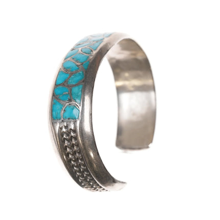 6.25" Alice Leekya Homer Zuni silver turquoise fishscale inlay cuff bracelet - Estate Fresh Austin