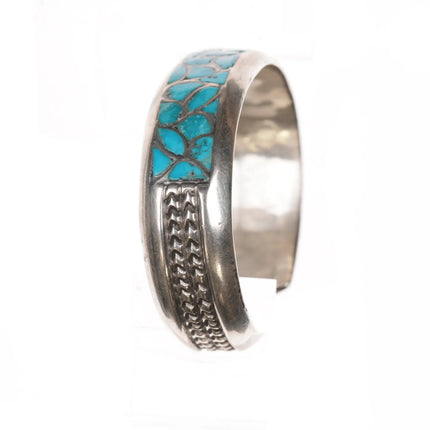 6.25" Alice Leekya Homer Zuni silver turquoise fishscale inlay cuff bracelet - Estate Fresh Austin