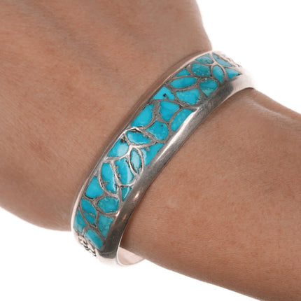 6.25" Alice Leekya Homer Zuni silver turquoise fishscale inlay cuff bracelet - Estate Fresh Austin