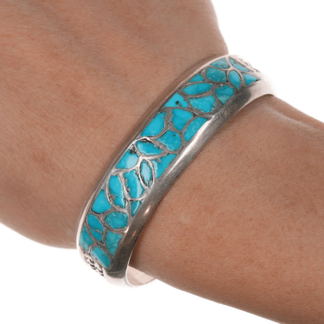 6.25" Alice Leekya Homer Zuni silver turquoise fishscale inlay cuff bracelet - Estate Fresh Austin