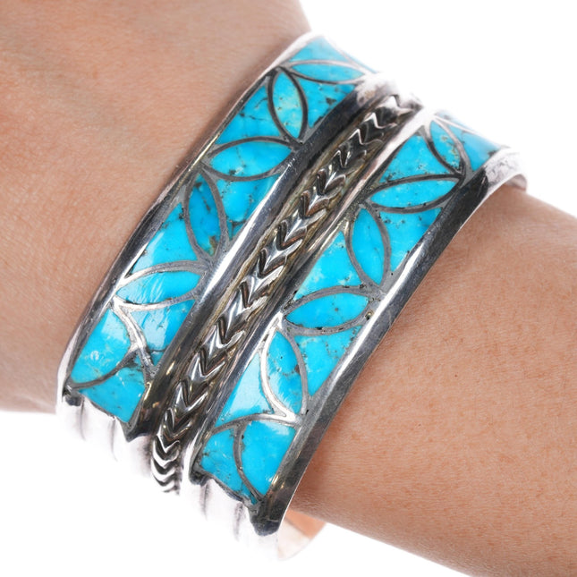 6.25" Alice Leekya Homer Zuni sterling turquoise inlay cuff bracelet - Estate Fresh Austin