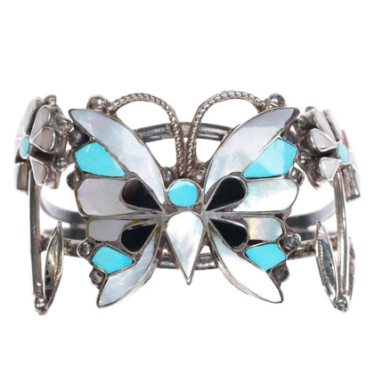 6.25" Anselm Wallace Zuni Butterfly sterling channel inlay cuff bracelet - Estate Fresh Austin