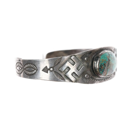 6.25" c1930's Navajo silver Whirling Logs cuff bracelet with turquoise - Estate Fresh Austin