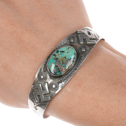 6.25" c1930's Navajo silver Whirling Logs cuff bracelet with turquoise - Estate Fresh Austin
