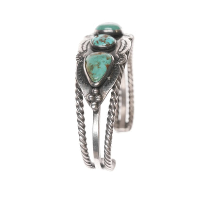 6.25" c1930's Navajo stamped silver twisted wire cuff bracelet with turquoise - Estate Fresh Austin