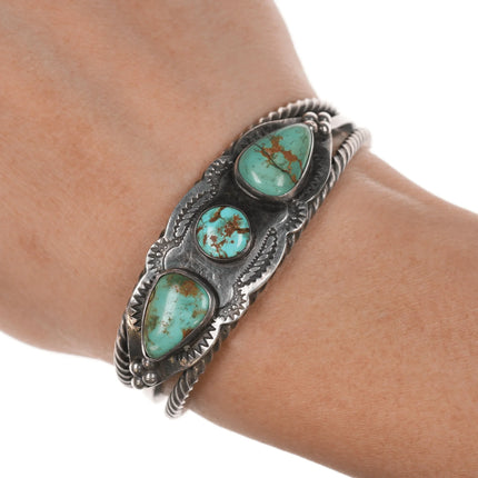 6.25" c1930's Navajo stamped silver twisted wire cuff bracelet with turquoise - Estate Fresh Austin