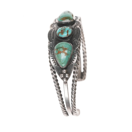 6.25" c1930's Navajo stamped silver twisted wire cuff bracelet with turquoise - Estate Fresh Austin