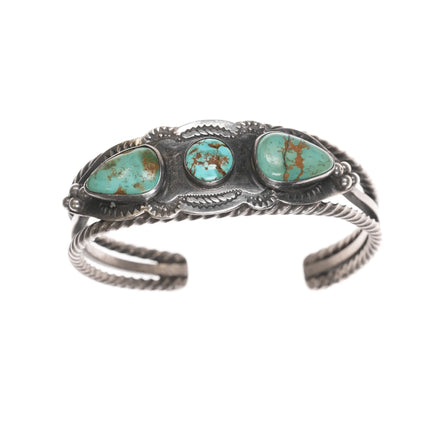 6.25" c1930's Navajo stamped silver twisted wire cuff bracelet with turquoise - Estate Fresh Austin