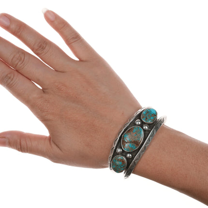 6.25" c1940's 3 Stone Navajo stamped silver cuff bracelet - Estate Fresh Austin