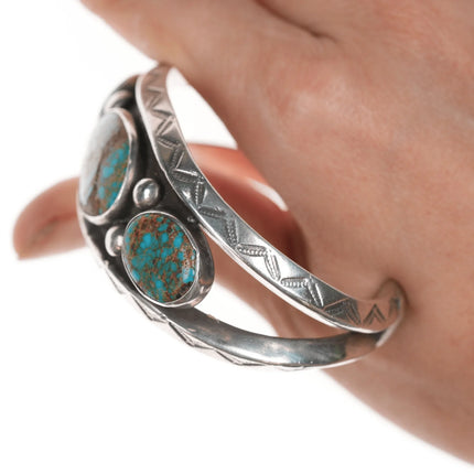 6.25" c1940's 3 Stone Navajo stamped silver cuff bracelet - Estate Fresh Austin
