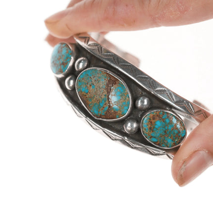6.25" c1940's 3 Stone Navajo stamped silver cuff bracelet - Estate Fresh Austin