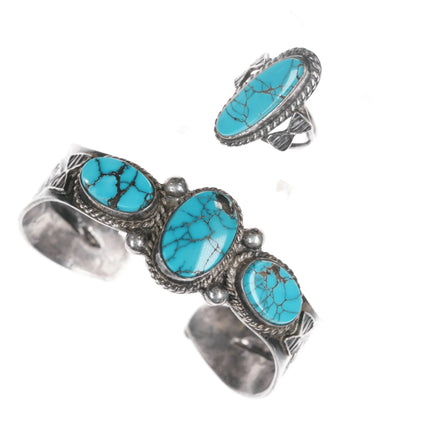 6.25" c1940's Navajo Repousse silver high grade turquoise rings/cuff bracelet - Estate Fresh Austin