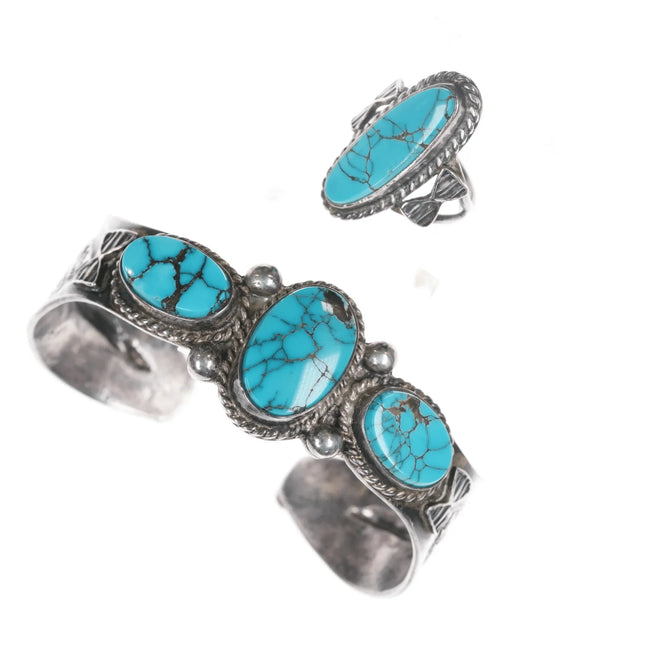 6.25" c1940's Navajo Repousse silver high grade turquoise rings/cuff bracelet - Estate Fresh Austin