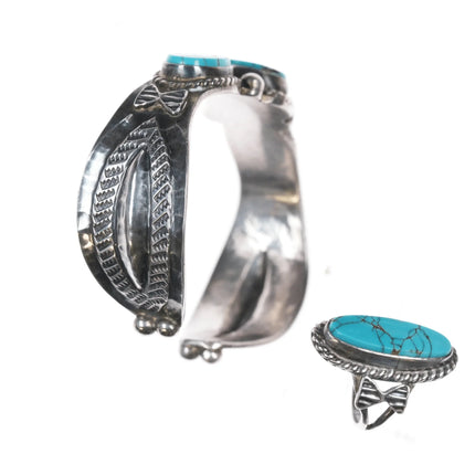 6.25" c1940's Navajo Repousse silver high grade turquoise rings/cuff bracelet - Estate Fresh Austin