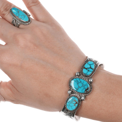 6.25" c1940's Navajo Repousse silver high grade turquoise rings/cuff bracelet - Estate Fresh Austin