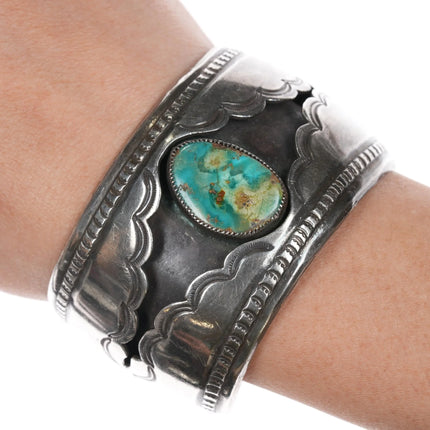 6.25" c1940's Navajo shadowbox sterling cuff bracelet with nice turquoise - Estate Fresh Austin