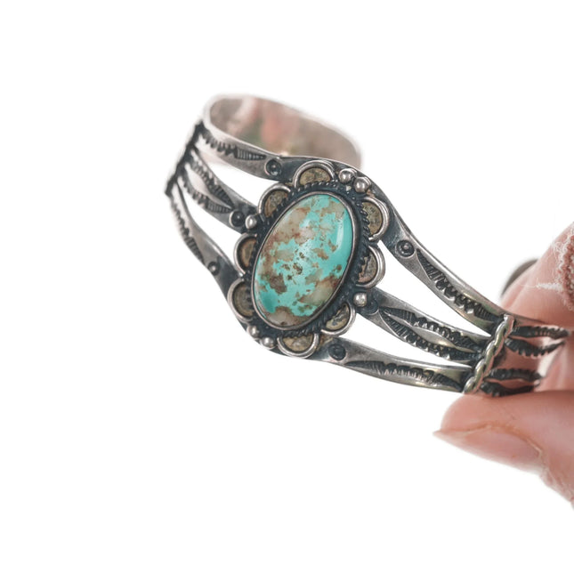6.25" c1940's Navajo stamped silver cuff bracelet with turquoise - Estate Fresh Austin