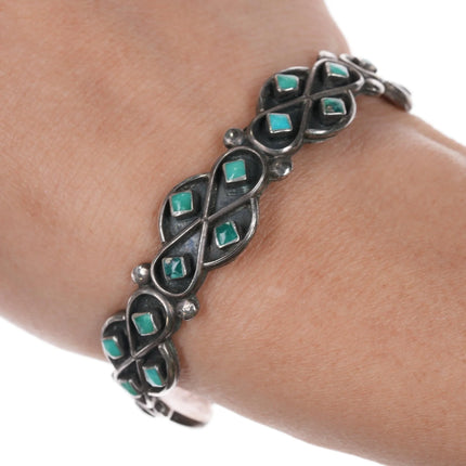 6.25" c1950's Vintage Zuni sterling and turquoise inlay shadowbox cuff bracelet - Estate Fresh Austin