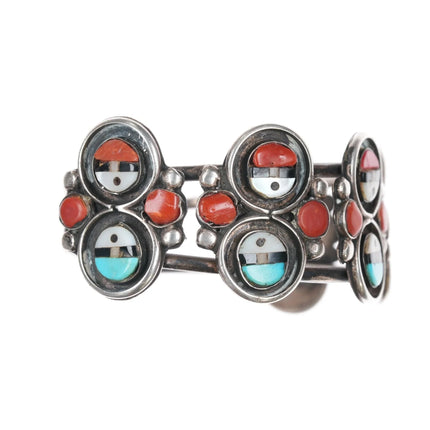 6.25" c1960's Zuni sunface row cuff bracelet sterling turquoise/coral - Estate Fresh Austin