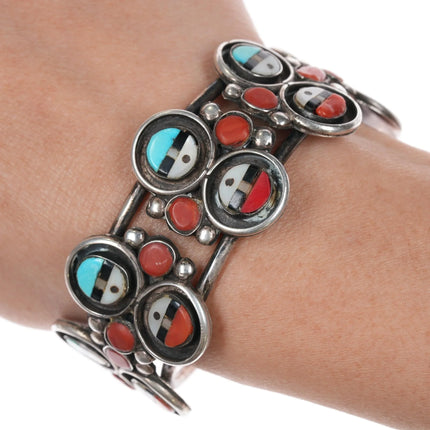 6.25" c1960's Zuni sunface row cuff bracelet sterling turquoise/coral - Estate Fresh Austin