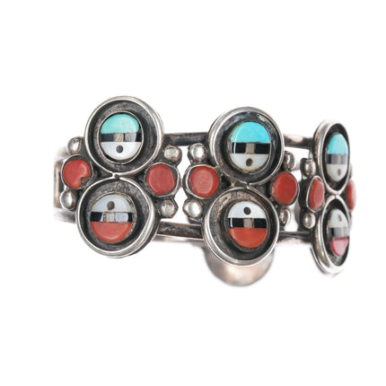 6.25" c1960's Zuni sunface row cuff bracelet sterling turquoise/coral - Estate Fresh Austin