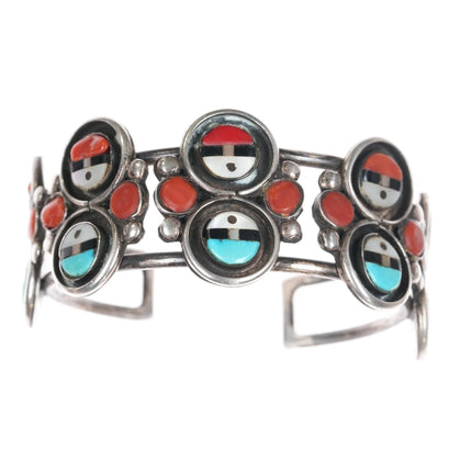 6.25" c1960's Zuni sunface row cuff bracelet sterling turquoise/coral - Estate Fresh Austin