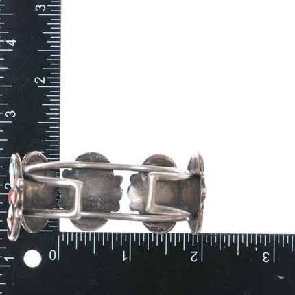 6.25" c1960's Zuni sunface row cuff bracelet sterling turquoise/coral - Estate Fresh Austin