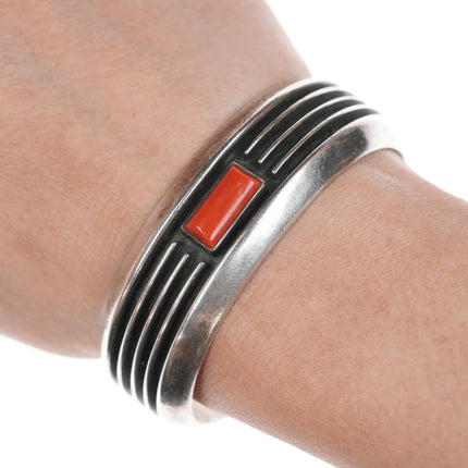 6.25" c1970 Johnny Mike Begay Navajo Modernist silver and coral cuff bracelet - Estate Fresh Austin