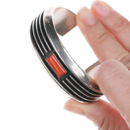6.25" c1970 Johnny Mike Begay Navajo Modernist silver and coral cuff bracelet - Estate Fresh Austin