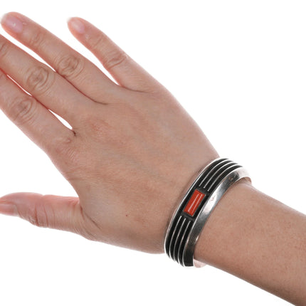 6.25" c1970 Johnny Mike Begay Navajo Modernist silver and coral cuff bracelet - Estate Fresh Austin