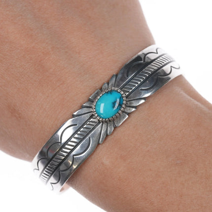 6.25" G Begay Navajo hand stamped silver cuff bracelet with turquoise - Estate Fresh Austin