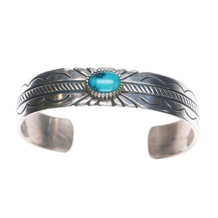 6.25" G Begay Navajo hand stamped silver cuff bracelet with turquoise - Estate Fresh Austin