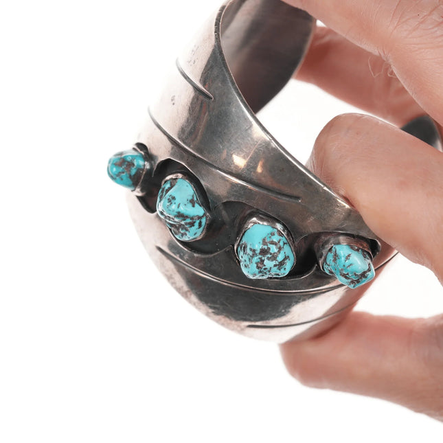 6.25" Heavy vintage Navajo silver and turquoise shadowbox cuff bracelet - Estate Fresh Austin