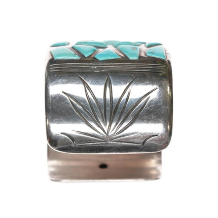 6.25" Large JZ Vintage Native American sterling turquoise inlay cuff bracelet - Estate Fresh Austin