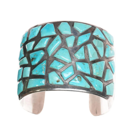 6.25" Large JZ Vintage Native American sterling turquoise inlay cuff bracelet - Estate Fresh Austin