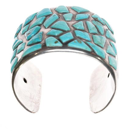 6.25" Large JZ Vintage Native American sterling turquoise inlay cuff bracelet - Estate Fresh Austin