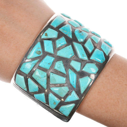 6.25" Large JZ Vintage Native American sterling turquoise inlay cuff bracelet - Estate Fresh Austin